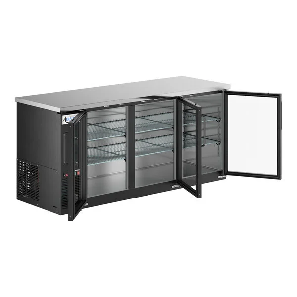 Scratch and Dent Avantco UBB-378-G-HC 78" Black Counter Height Glass Door Back Bar Refrigerator with LED Lighting
