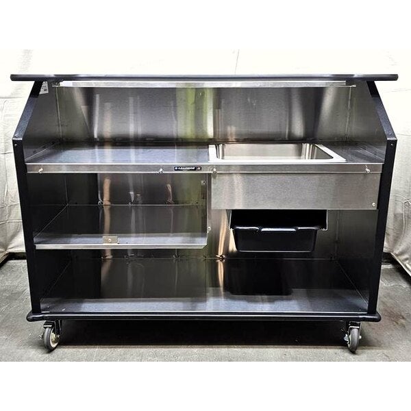 Scratch and Dent Lakeside 887B 63 1/2" Stainless Steel Portable Bar with Black Laminate Finish, 2 Removable 7-Bottle Speed Rails, and 40 lb. Ice Bin