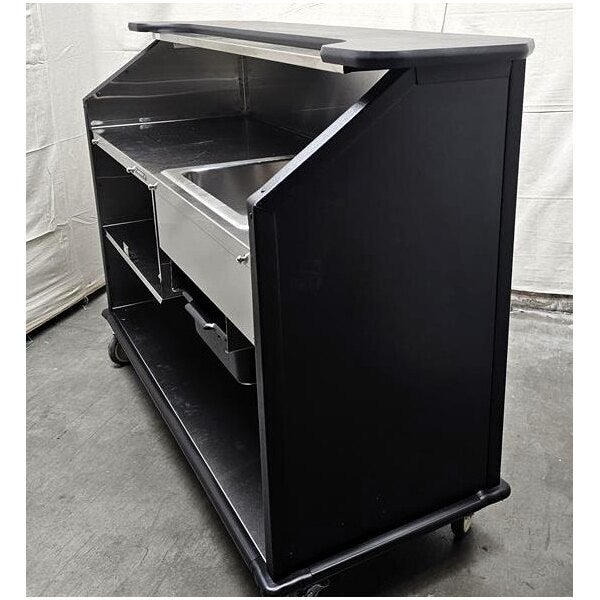 Scratch and Dent Lakeside 887B 63 1/2" Stainless Steel Portable Bar with Black Laminate Finish, 2 Removable 7-Bottle Speed Rails, and 40 lb. Ice Bin