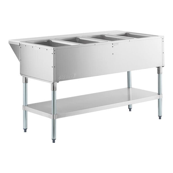 Scratch and Dent ServIt GST-4WE-LP Four Pan Open Well Liquid Propane Steam Table with Undershelf - 14,000 BTU