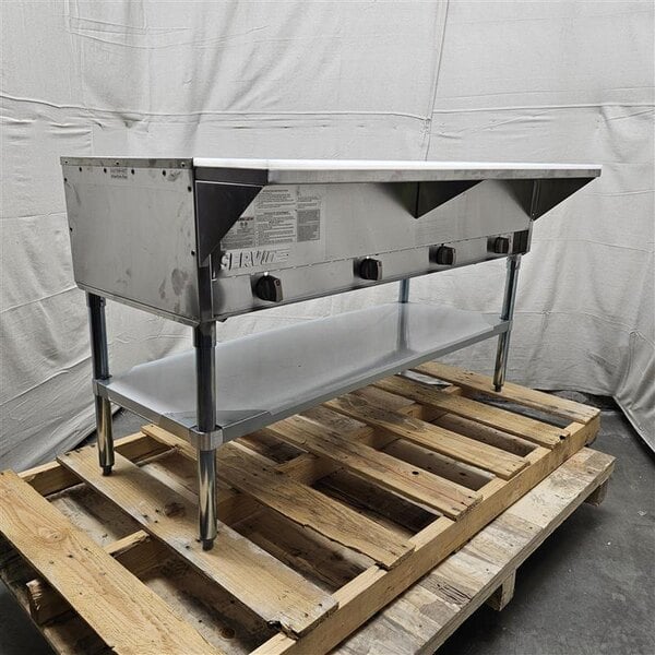 Scratch and Dent ServIt GST-4WE-LP Four Pan Open Well Liquid Propane Steam Table with Undershelf - 14,000 BTU