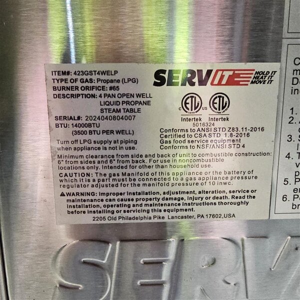Scratch and Dent ServIt GST-4WE-LP Four Pan Open Well Liquid Propane Steam Table with Undershelf - 14,000 BTU