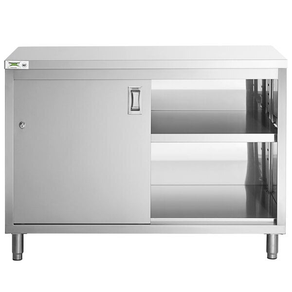 Scratch and Dent Regency 24" x 48" 16 Gauge Type 304 Stainless Steel Enclosed Base Table with Sliding Doors and Adjustable Midshelf