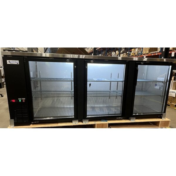 Scratch and Dent Avantco UBB-4G-HC 90" Black Counter Height Glass Door Back Bar Refrigerator with LED Lighting