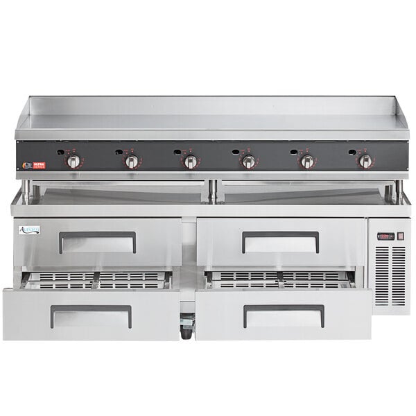 Scratch and Dent Cooking Performance Group 72L Ultra Series 72" Chrome Plated Liquid Propane 6-Burner Countertop Griddle and 72", 4 Drawer Refrigerated Base - 180,000 BTU