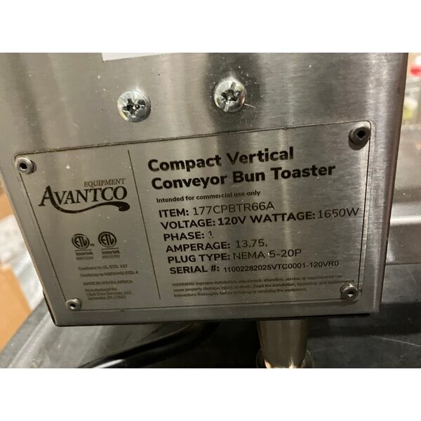 Scratch and Dent Avantco CPBTR66A Compact Vertical Contact Bun Toaster - 120V, 1,650W