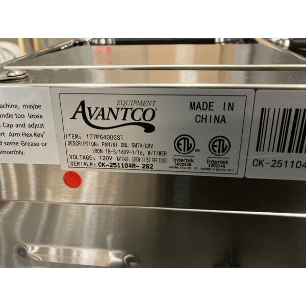 Scratch and Dent Avantco PG400GST Commercial Dual Panini Sandwich Grill with Timer, Grooved Top and Smooth Bottom Plates, and 19 5/8" x 9 1/8" Cooking Surface - 120V, 3500W