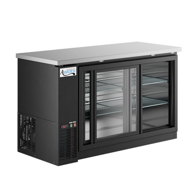 Scratch and Dent Avantco UBB-60S-HC 60" Black Counter Height Narrow Sliding Glass Door Back Bar Refrigerator with LED Lighting