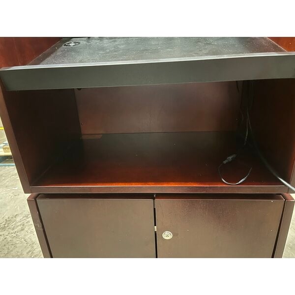 Scratch and Dent Oklahoma Sound M950/901-MY/WT/LWM-5 Mahogany on Walnut Finish Veneer Combination Floor Lectern with Sound, Wireless Handheld Microphone, and Rechargeable Battery