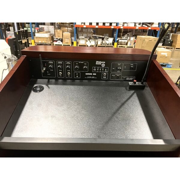 Scratch and Dent Oklahoma Sound M950/901-MY/WT/LWM-5 Mahogany on Walnut Finish Veneer Combination Floor Lectern with Sound, Wireless Handheld Microphone, and Rechargeable Battery