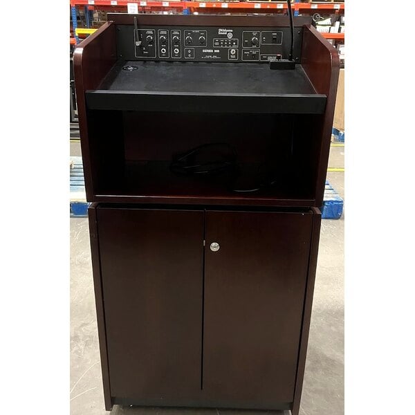 Scratch and Dent Oklahoma Sound M950/901-MY/WT/LWM-5 Mahogany on Walnut Finish Veneer Combination Floor Lectern with Sound, Wireless Handheld Microphone, and Rechargeable Battery