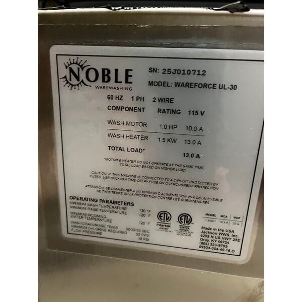 Scratch and Dent Noble Warewashing UL30 Low Temperature Undercounter Dishwasher - 115V