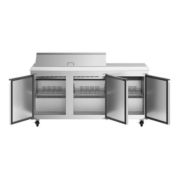 Scratch and Dent Avantco SS-PT-71-12-C 70" 3 Door Stainless Steel Refrigerated Sandwich Prep Table with Workstation and Extra Deep Cutting Board