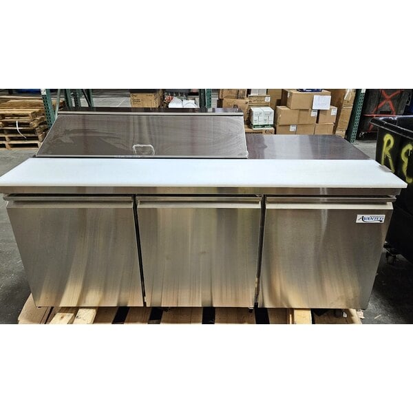 Scratch and Dent Avantco SS-PT-71-12-C 70" 3 Door Stainless Steel Refrigerated Sandwich Prep Table with Workstation and Extra Deep Cutting Board