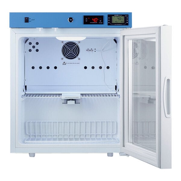 Scratch and Dent Summit Appliance ACR162GNSF456 EQTemp ACR Series 1.58 Cu. Ft. White / Blue Compact Glass Door Reach-In Medical Refrigerator with Temperature-Monitored Vaccine Storage - 115V
