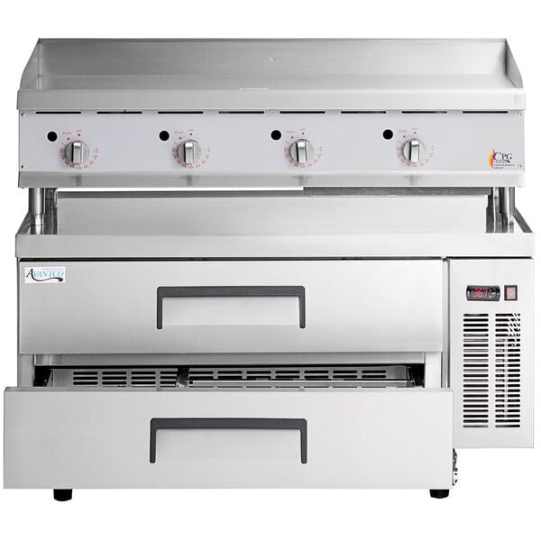 Scratch and Dent Cooking Performance Group G48T 48" Gas Countertop Griddle with Thermostatic Controls and 48", 2 Drawer Refrigerated Base - 120,000 BTU