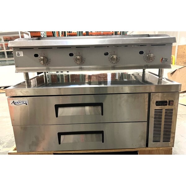 Scratch and Dent Cooking Performance Group G48T 48" Gas Countertop Griddle with Thermostatic Controls and 48", 2 Drawer Refrigerated Base - 120,000 BTU