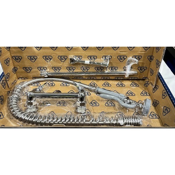 Scratch and Dent T&S B-0133-B EasyInstall Wall Mounted 33 1/4" High Pre-Rinse Faucet with Adjustable 8" Centers, 44" Hose, and 6" Wall Bracket