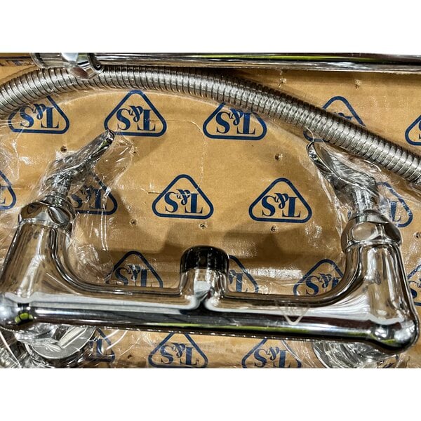 Scratch and Dent T&S B-0133-B EasyInstall Wall Mounted 33 1/4" High Pre-Rinse Faucet with Adjustable 8" Centers, 44" Hose, and 6" Wall Bracket