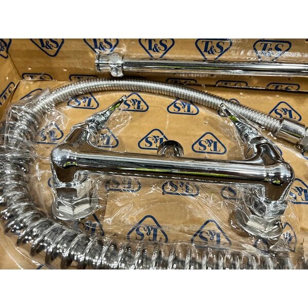 Scratch and Dent T&S B-0133-B EasyInstall Wall Mounted 33 1/4" High Pre-Rinse Faucet with Adjustable 8" Centers, 44" Hose, and 6" Wall Bracket
