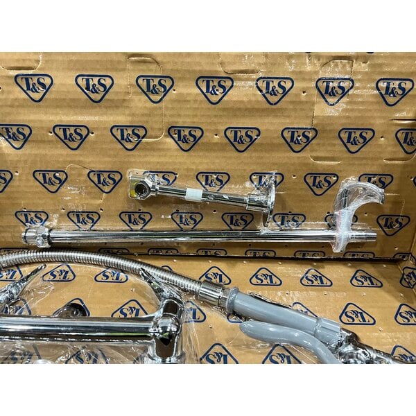Scratch and Dent T&S B-0133-B EasyInstall Wall Mounted 33 1/4" High Pre-Rinse Faucet with Adjustable 8" Centers, 44" Hose, and 6" Wall Bracket