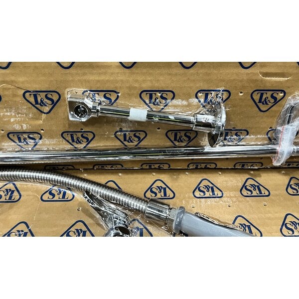 Scratch and Dent T&S B-0133-B EasyInstall Wall Mounted 33 1/4" High Pre-Rinse Faucet with Adjustable 8" Centers, 44" Hose, and 6" Wall Bracket