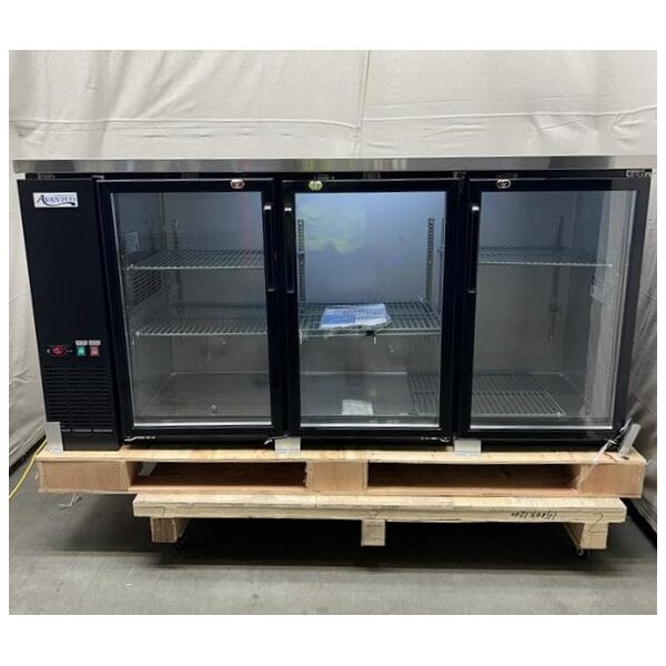 Scratch and Dent Avantco UBB-72G-HC 73" Black Counter Height Narrow Glass Door Back Bar Refrigerator with LED Lighting