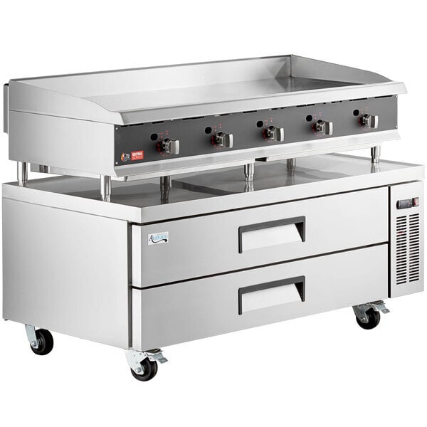 Scratch and Dent Cooking Performance Group 60N Ultra Series 60" Chrome Plated Natural Gas 5-Burner Countertop Griddle and 2 Drawer Refrigerated Base - 150,000 BTU