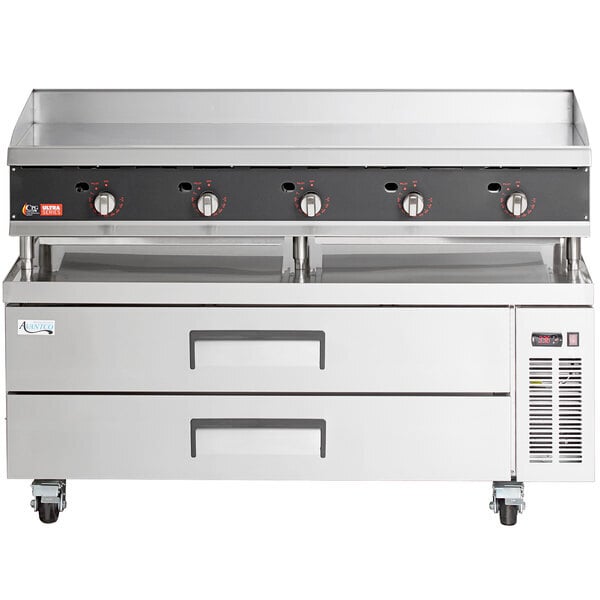 Scratch and Dent Cooking Performance Group 60N Ultra Series 60" Chrome Plated Natural Gas 5-Burner Countertop Griddle and 2 Drawer Refrigerated Base - 150,000 BTU