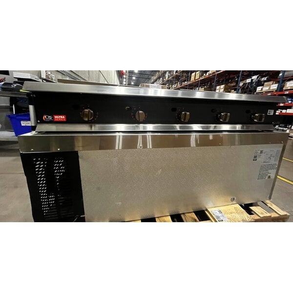 Scratch and Dent Cooking Performance Group 60N Ultra Series 60" Chrome Plated Natural Gas 5-Burner Countertop Griddle and 2 Drawer Refrigerated Base - 150,000 BTU