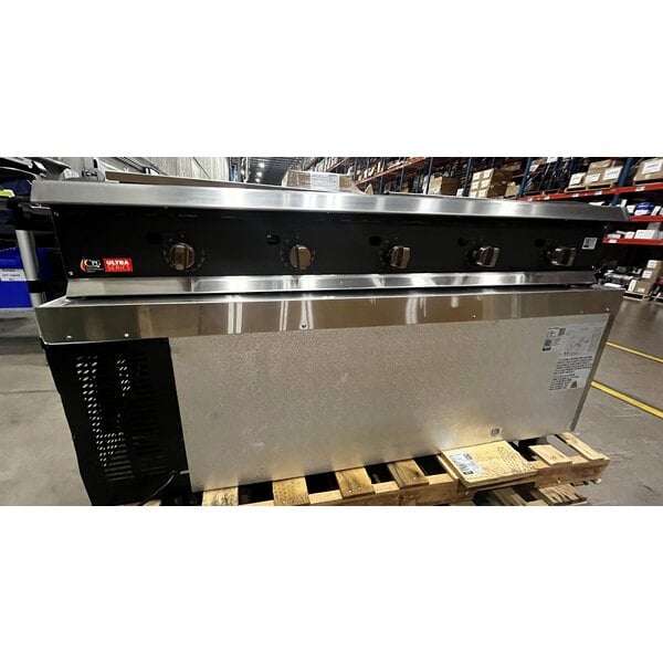 Scratch and Dent Cooking Performance Group 60N Ultra Series 60" Chrome Plated Natural Gas 5-Burner Countertop Griddle and 2 Drawer Refrigerated Base - 150,000 BTU