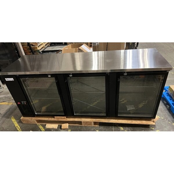 Scratch and Dent Avantco UBB-4G-HC 90" Black Counter Height Glass Door Back Bar Refrigerator with LED Lighting
