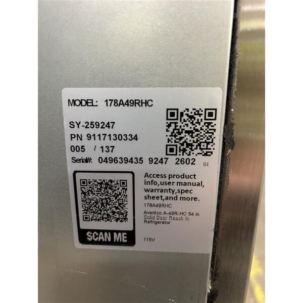 Scratch and Dent Avantco A-49R-HC 54" Solid Door Reach-In Refrigerator