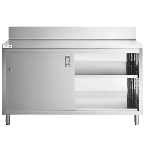 Scratch and Dent Regency 24" x 60" 16 Gauge Type 304 Stainless Steel Enclosed Base Sliding Door Table with Adjustable Midshelf and 6" Backsplash