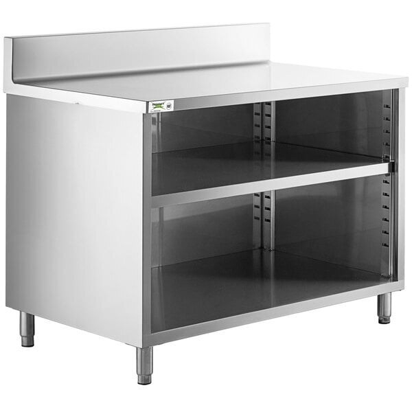 Scratch and Dent Regency 30" x 48" 16 Gauge Type 304 Stainless Steel Enclosed Base Open Front Table with Adjustable Midshelf and 6" Backsplash