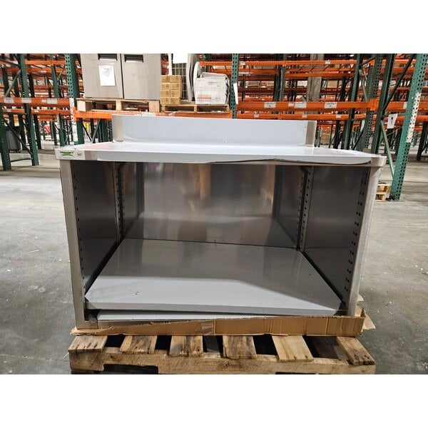 Scratch and Dent Regency 30" x 48" 16 Gauge Type 304 Stainless Steel Enclosed Base Open Front Table with Adjustable Midshelf and 6" Backsplash