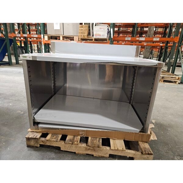 Scratch and Dent Regency 30" x 48" 16 Gauge Type 304 Stainless Steel Enclosed Base Open Front Table with Adjustable Midshelf and 6" Backsplash