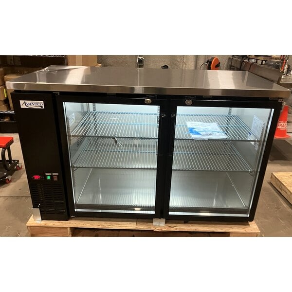 Scratch and Dent Avantco UBB-2G-HC 59" Black Counter Height Glass Door Back Bar Refrigerator with LED Lighting