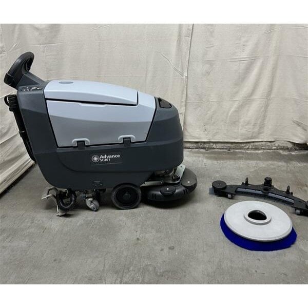 Scratch and Dent Advance SC401 17B 56385361 17" Walk Behind Small Floor Scrubber with (2) 98 Ah Gel Batteries, Charger, and Brush - 7.9 Gallon