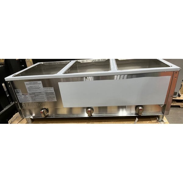 Scratch and Dent ServIt GST-3WE-LP Three Pan Open Well Liquid Propane Steam Table with Undershelf - 10,500 BTU