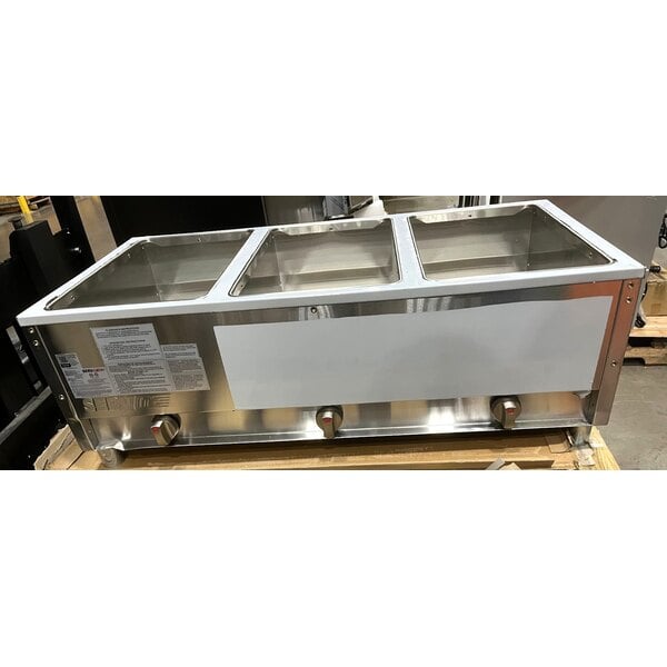 Scratch and Dent ServIt GST-3WE-LP Three Pan Open Well Liquid Propane Steam Table with Undershelf - 10,500 BTU