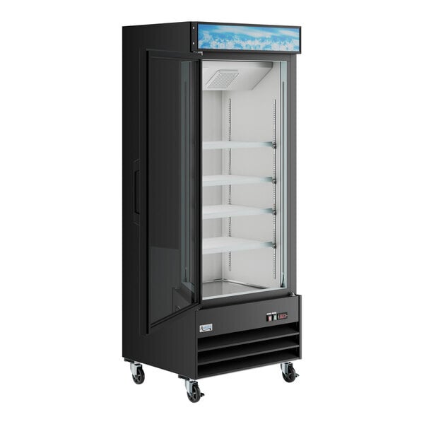 Scratch and Dent Avantco GDC-23-HC 28 3/8" Black Left-Hinged Swing Glass Door Merchandiser Refrigerator with LED Lighting