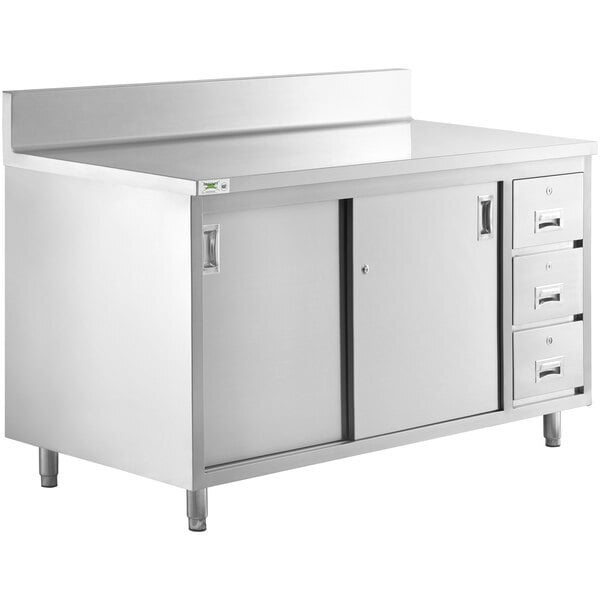 Scratch and Dent Regency 30" x 60" 16 Gauge Type 304 Stainless Steel Enclosed Base Sliding Door Table with Drawers and 6" Backsplash