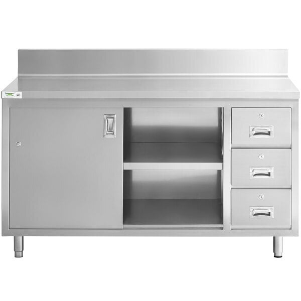 Scratch and Dent Regency 30" x 60" 16 Gauge Type 304 Stainless Steel Enclosed Base Sliding Door Table with Drawers and 6" Backsplash