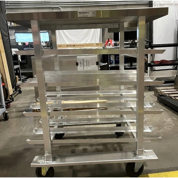 Scratch and Dent Regency Half-Size Mobile Aluminum Can Rack for #10 and #5 Cans with Stainless Steel Top and Mounted #1 Can Opener Base
