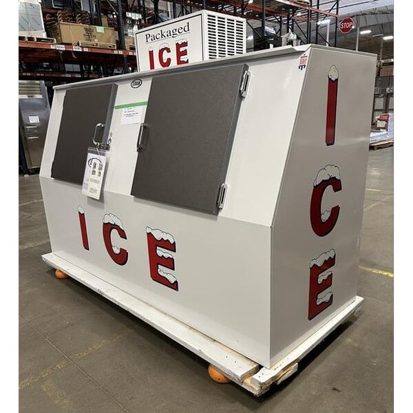 Scratch and Dent Leer 75ASL-R290 96" Outdoor Auto Defrost Ice Merchandiser with Slanted Front and Galvanized Steel Doors