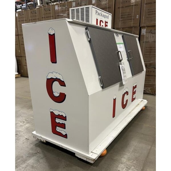 Scratch and Dent Leer 75ASL-R290 96" Outdoor Auto Defrost Ice Merchandiser with Slanted Front and Galvanized Steel Doors