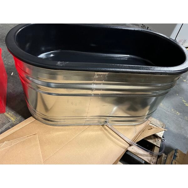 Scratch and Dent Marco Company 50" x 26" x 32" Galvanized Display Bin with Plastic Liner, Drain, and Casters