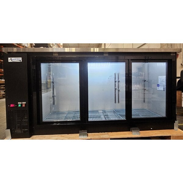 Scratch and Dent Avantco UBB-72S-HC 73" Black Counter Height Narrow Sliding Glass Door Back Bar Refrigerator with LED Lighting