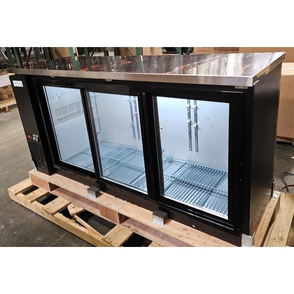 Scratch and Dent Avantco UBB-72S-HC 73" Black Counter Height Narrow Sliding Glass Door Back Bar Refrigerator with LED Lighting